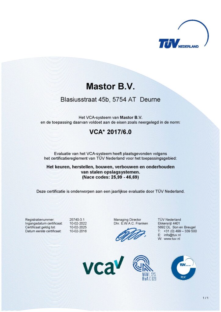Mastor VCA* certificaat